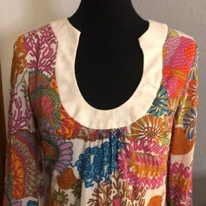 Trina Turk Silk Psychedelic Print Bell Sleeved Minidress